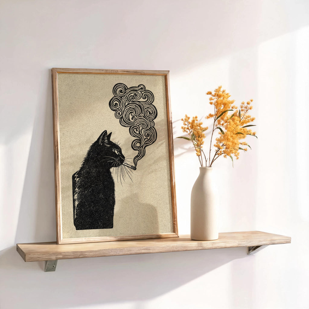 black cat smoking, japanese style woodblock print, retro vintage poster