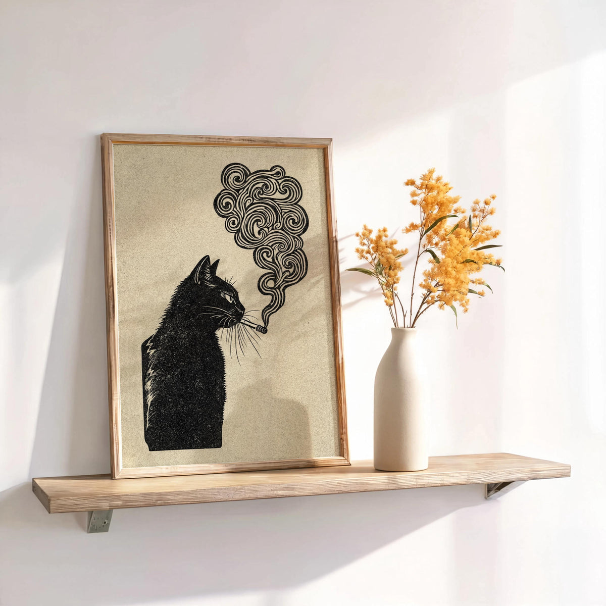 black cat smoking, japanese style woodblock print, retro vintage poster