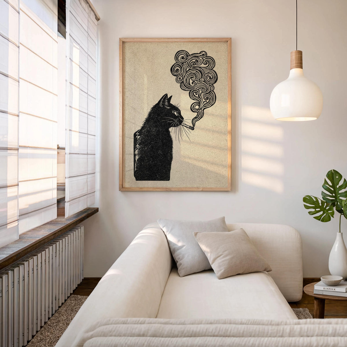 black cat smoking, japanese style woodblock print, retro vintage poster