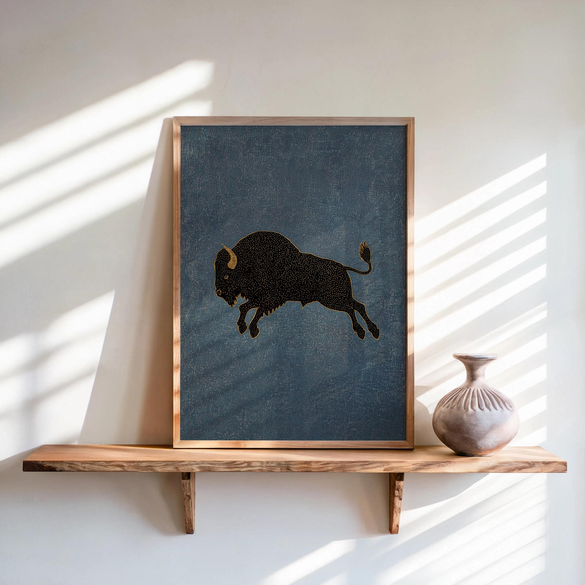 Bison wall art print, stippled black bison on slate blue backdrop, rustic cabin decor framed print