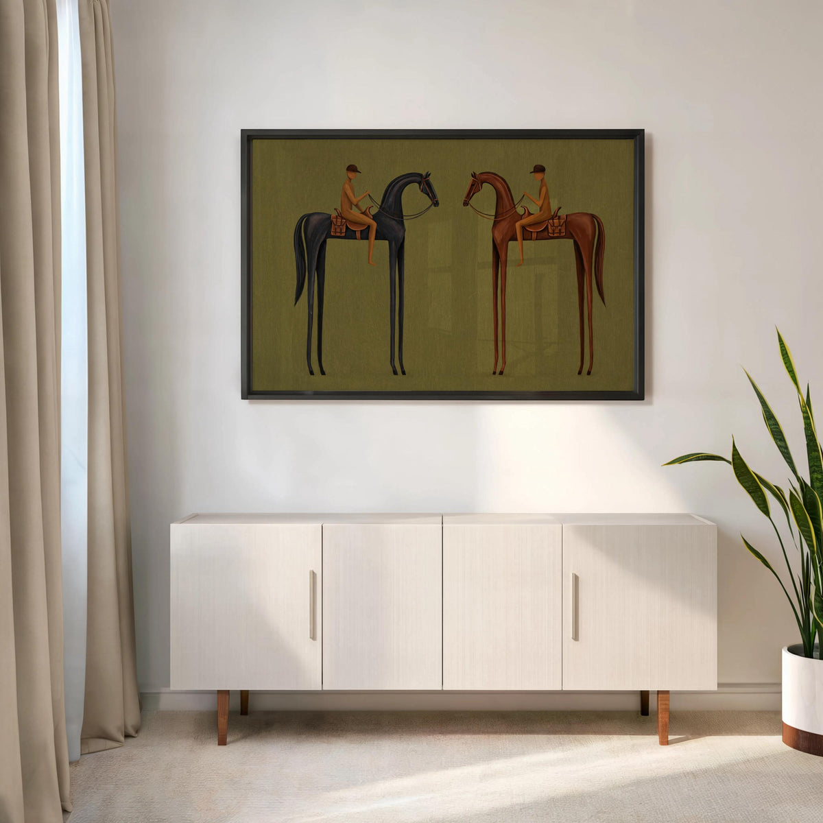 Horizontal horse canvas print centered above low credenza, modern horse wall decor, olive green tones