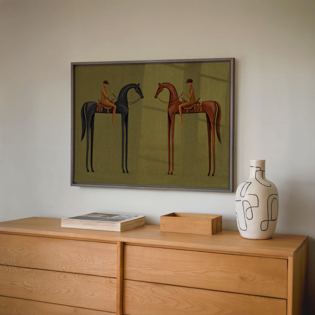 Olive green surreal horse wall art above wooden dresser, minimalist equestrian wall art, neutral styling