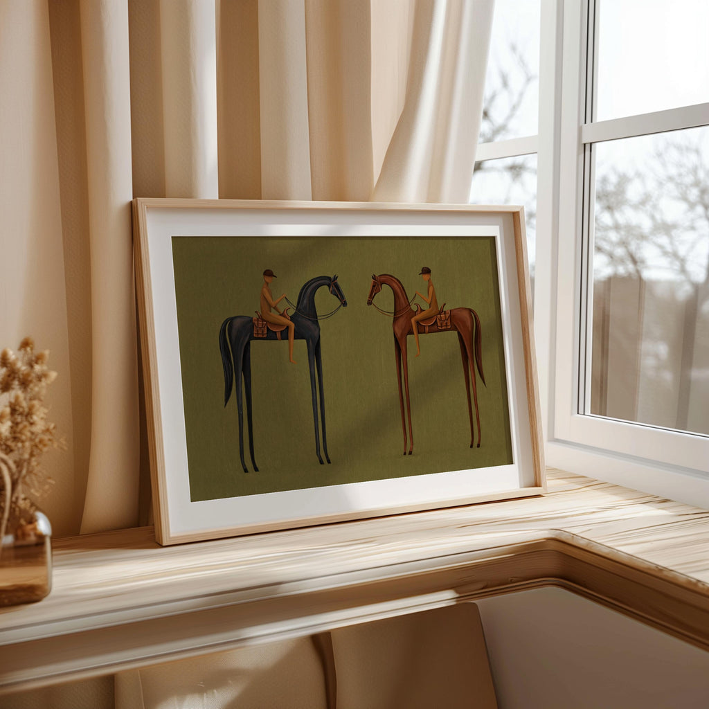Cozy window nook with framed surreal horse wall art on bench, rust and navy accents, vintage mid century