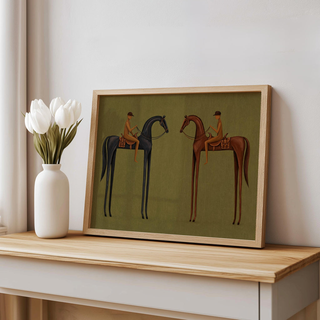 Console vignette, abstract horse painting print leaning by white tulips, framed olive green modern art