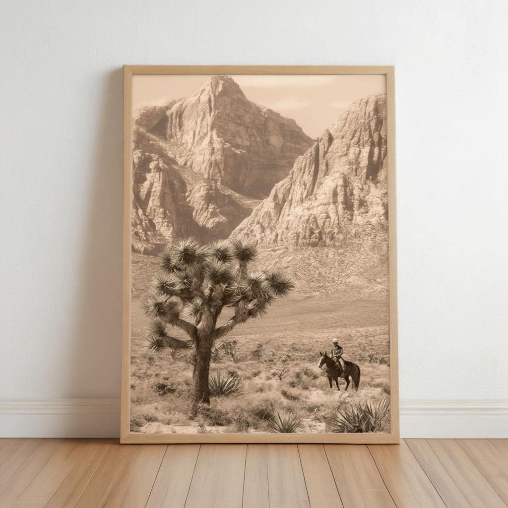 Vintage Joshua Tree Cowboy Print, Antique Western Landscape Poster, Americana Desert Wall Art, Sepia Horseback Rider, Old West Gift, PRINTED