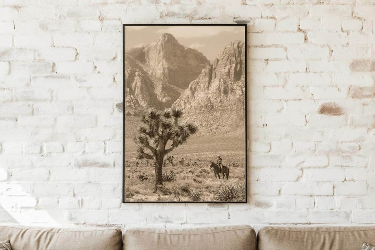 Vintage Joshua Tree Cowboy Print, Antique Western Landscape Poster, Americana Desert Wall Art, Sepia Horseback Rider, Old West Gift, PRINTED
