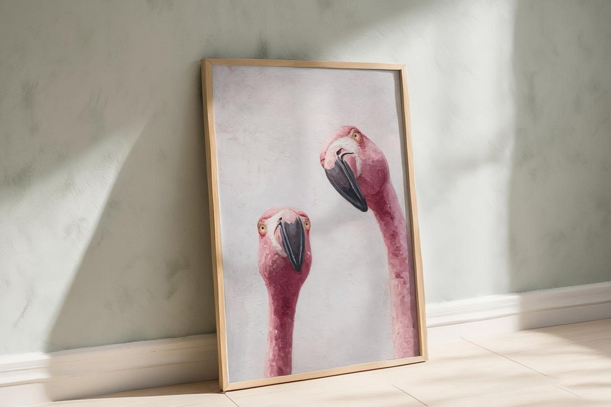 Whimsical Flamingo Wall Art, Tropical Bird Painting, Pink Animal Portrait Art Print, Funny Retro Home Decor, Quirky Birds Lover Gift Poster