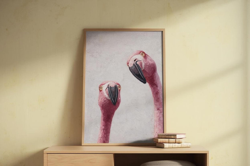 Whimsical Flamingo Wall Art, Tropical Bird Painting, Pink Animal Portrait Art Print, Funny Retro Home Decor, Quirky Birds Lover Gift Poster