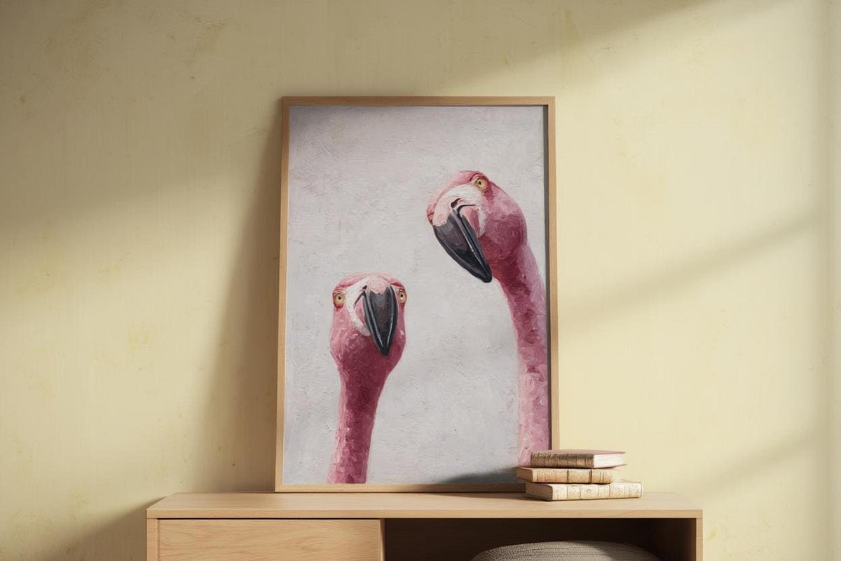 Whimsical Flamingo Wall Art, Tropical Bird Painting, Pink Animal Portrait Art Print, Funny Retro Home Decor, Quirky Birds Lover Gift Poster