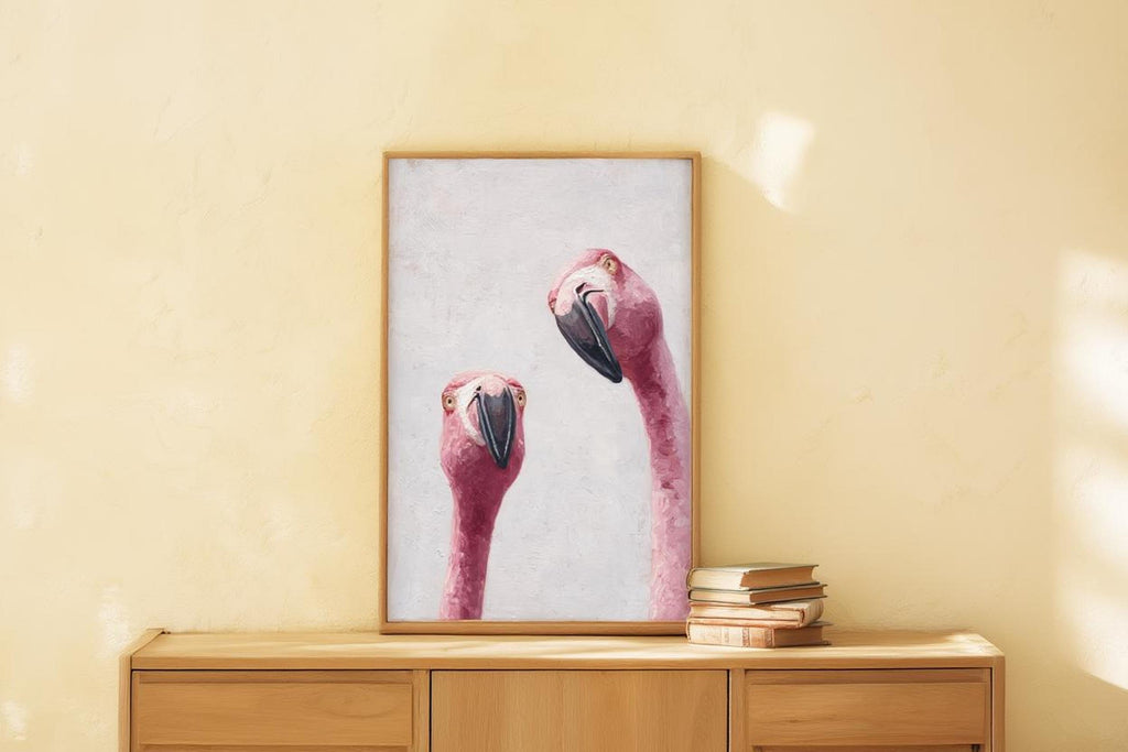 Whimsical Flamingo Wall Art, Tropical Bird Painting, Pink Animal Portrait Art Print, Funny Retro Home Decor, Quirky Birds Lover Gift Poster