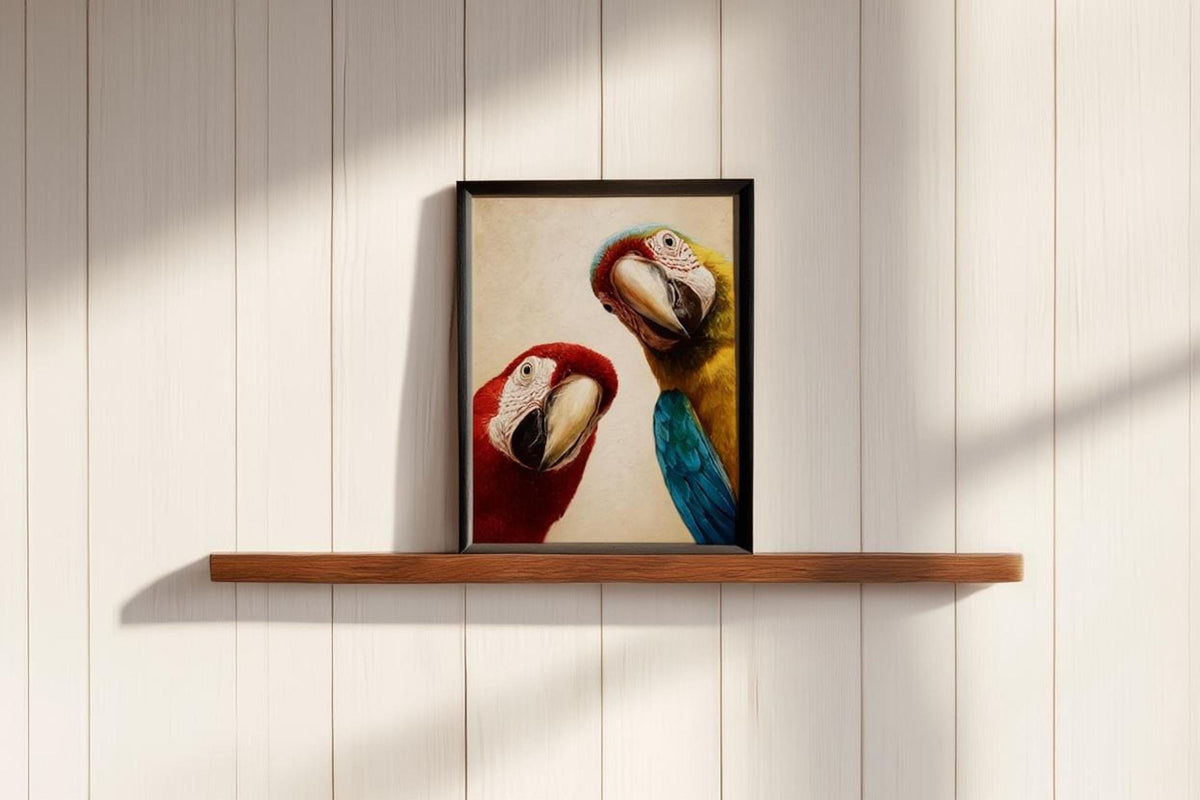 Funny Macaw Wall Art, Scarlet Parrot Painting, Colorful Nursery Decor, Minimalist Oil Canvas, Fine Art Print, Whimsical Tropical Bird Poster