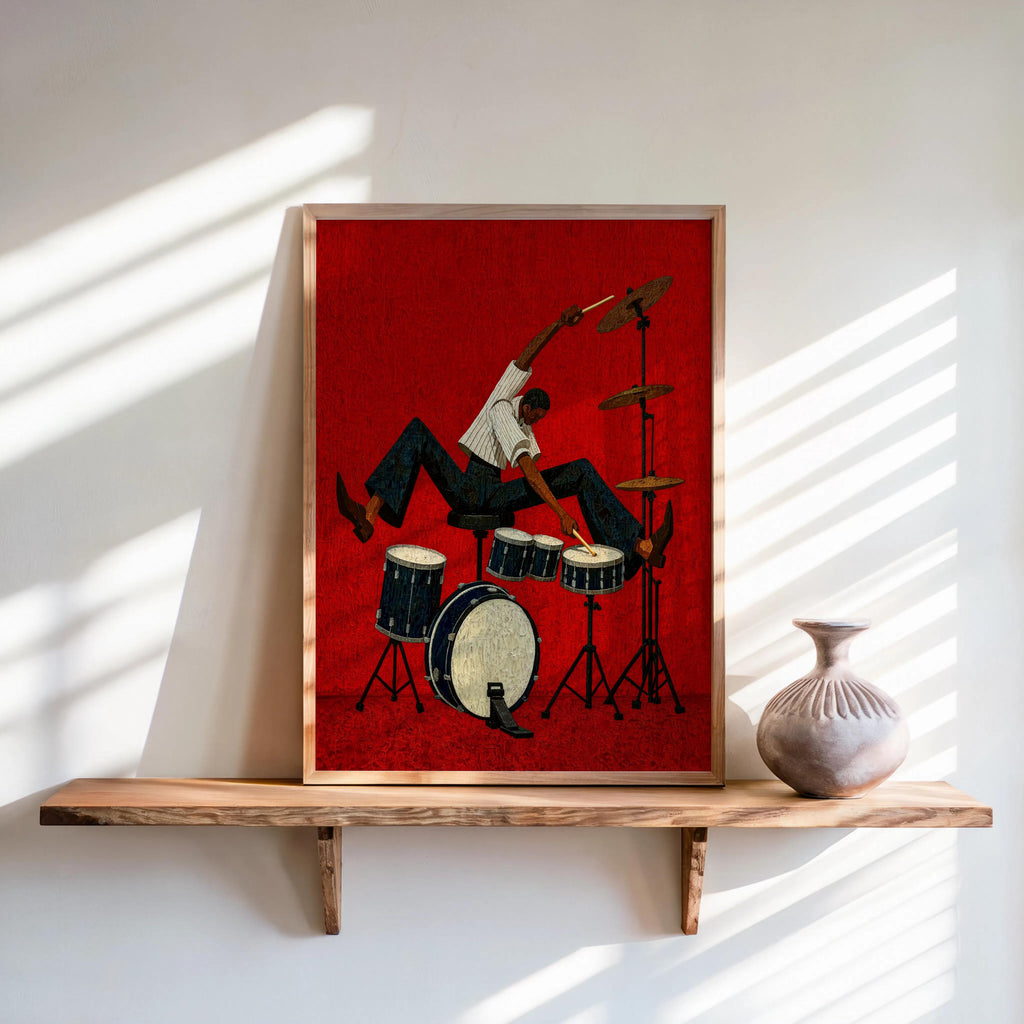 Jazz Drummer Art Print, Abstract Musician Wall Decor, African American Retro Poster,Afrocentric Mid Century Modern Moody Black Culture Gift