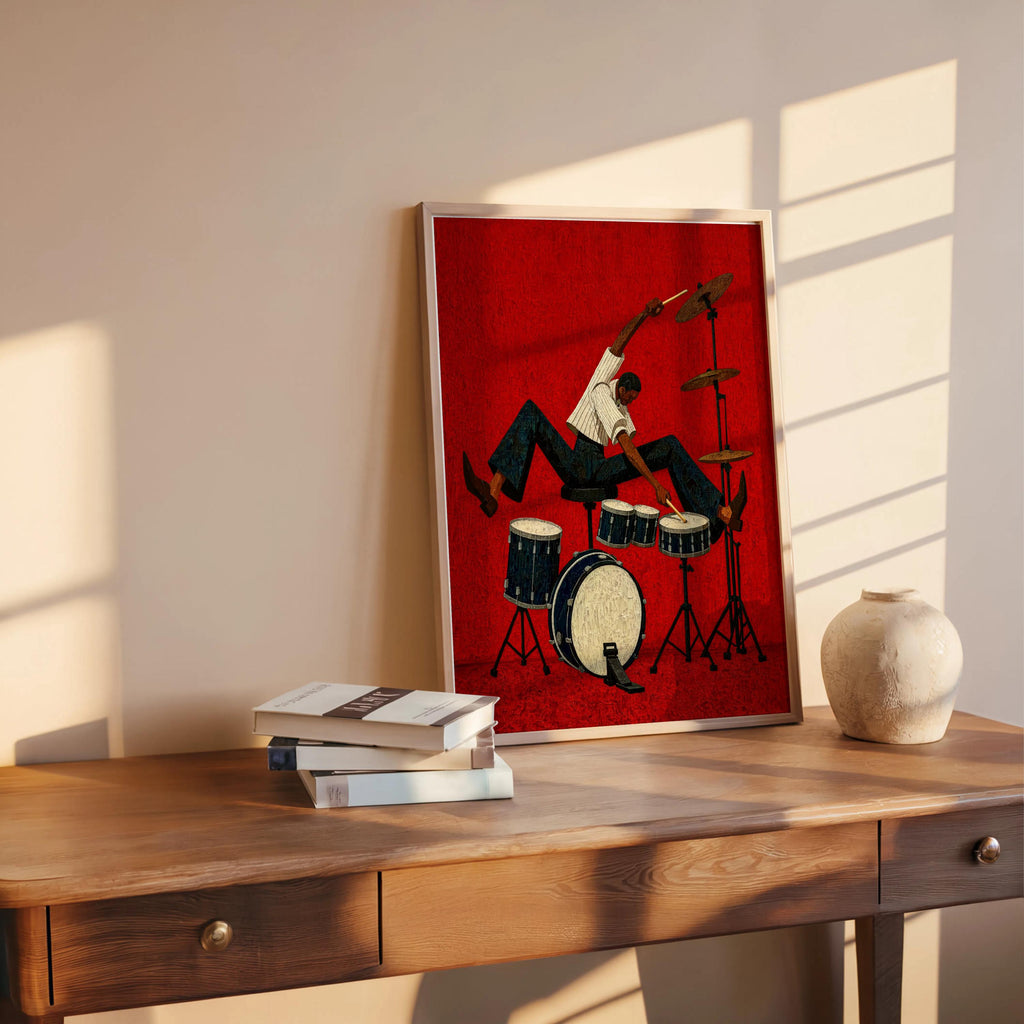 Jazz Drummer Art Print, Abstract Musician Wall Decor, African American Retro Poster,Afrocentric Mid Century Modern Moody Black Culture Gift