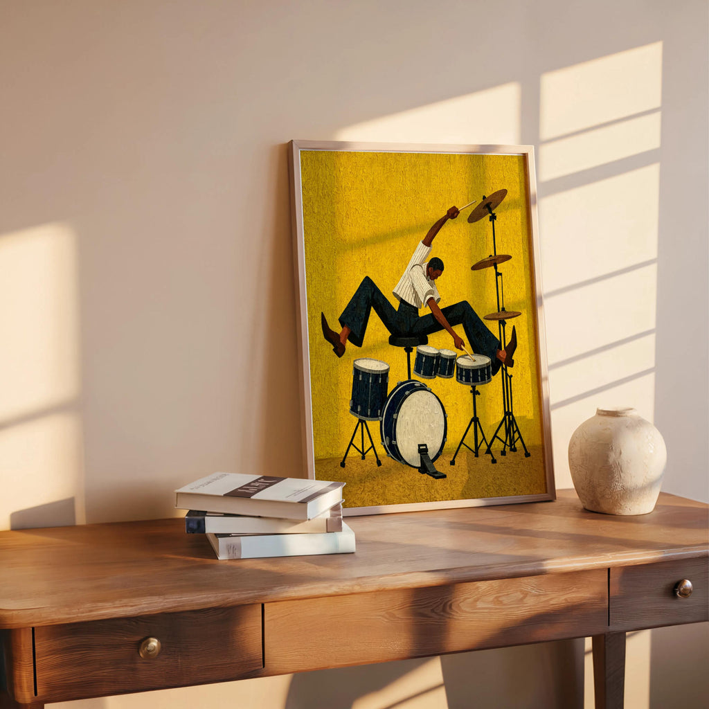 Jazz Drummer Art Print, Abstract Musician Wall Decor, African American Retro Poster,Afrocentric Mid Century Modern Moody Black Culture Gift