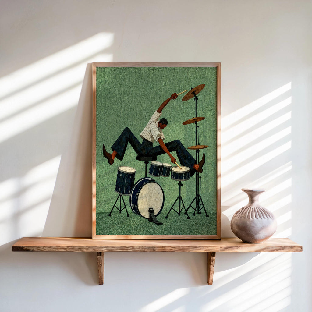 Jazz Drummer Art Print, Abstract Musician Wall Decor, African American Retro Poster,Afrocentric Mid Century Modern Moody Black Culture Gift