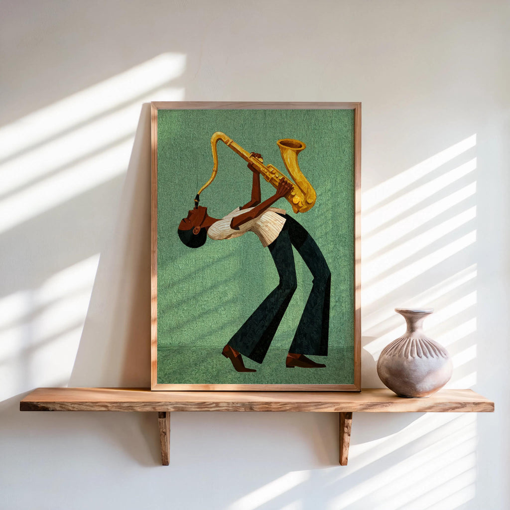 Framed afrocentric jazz wall art print leaning on shelf, green textured canvas, golden sax.
