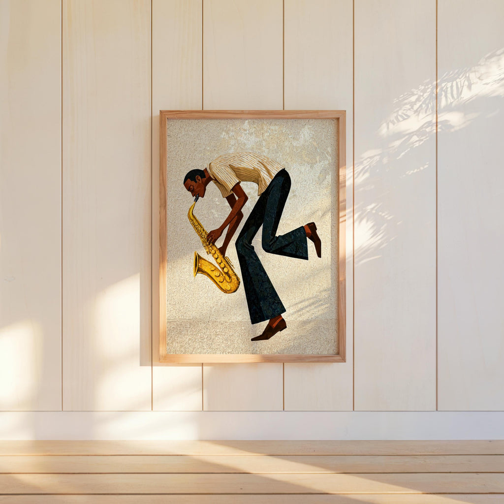 Vertical cream mid century saxophone wall art on paneled wall, stylized Black jazz saxophonist, vintage saxophone art print
