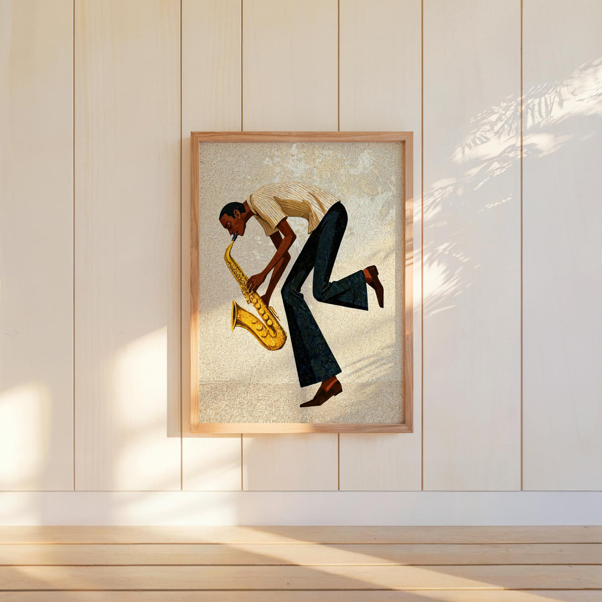 Vertical cream mid century saxophone wall art on paneled wall, stylized Black jazz saxophonist, vintage saxophone art print
