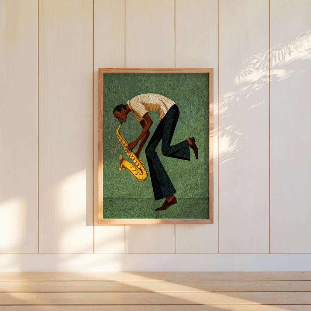 Green mid century saxophone wall art framed on white wall, textured background and soulful jazz saxophonist illustration