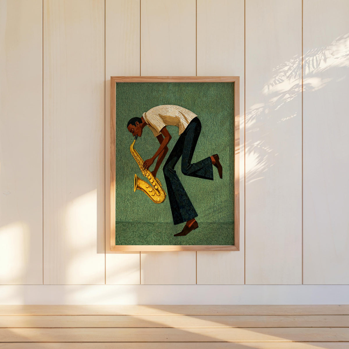 Green mid century saxophone wall art framed on white wall, textured background and soulful jazz saxophonist illustration