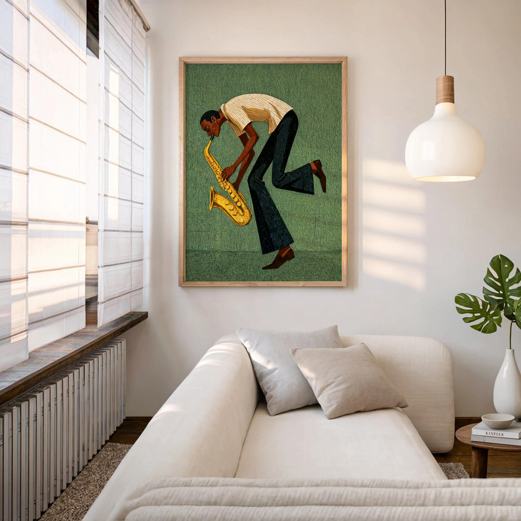 Green mid century saxophone wall art above sofa, jazz room decor with hanging pendant and potted plant, soulful tone