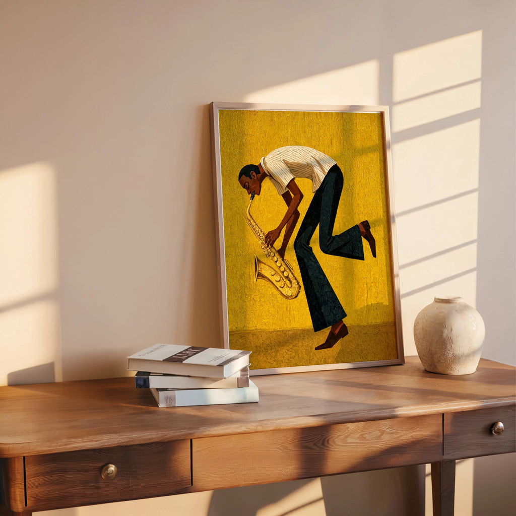 Mustard mid century saxophone wall art on desk, golden saxophone highlights, retro jazz musician art with shadow play