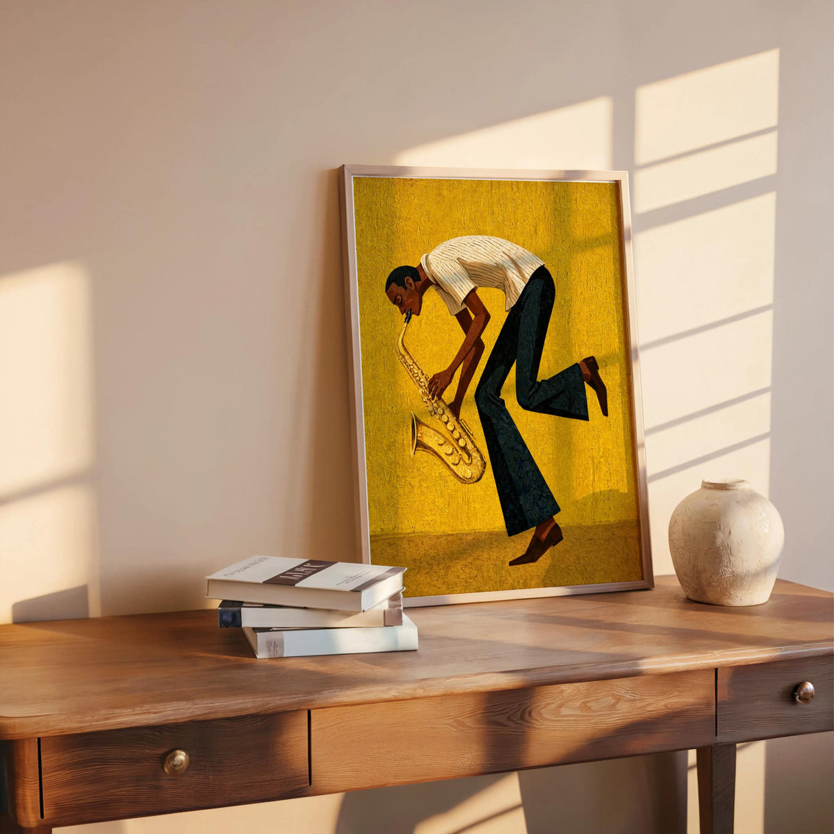 Mustard mid century saxophone wall art on desk, golden saxophone highlights, retro jazz musician art with shadow play