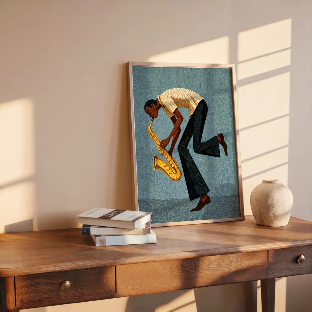 Blue mid century saxophone wall art leaning on wooden desk, retro jazz musician art, warm studio light and vase