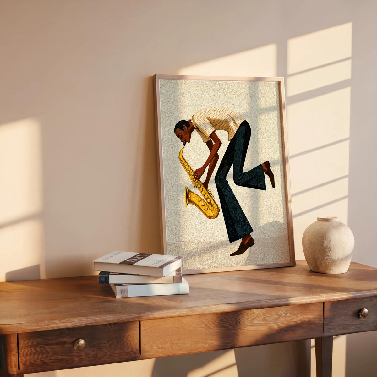 Cream mid century saxophone wall art resting on desk, relaxed retro music print, textured background and warm sunlight