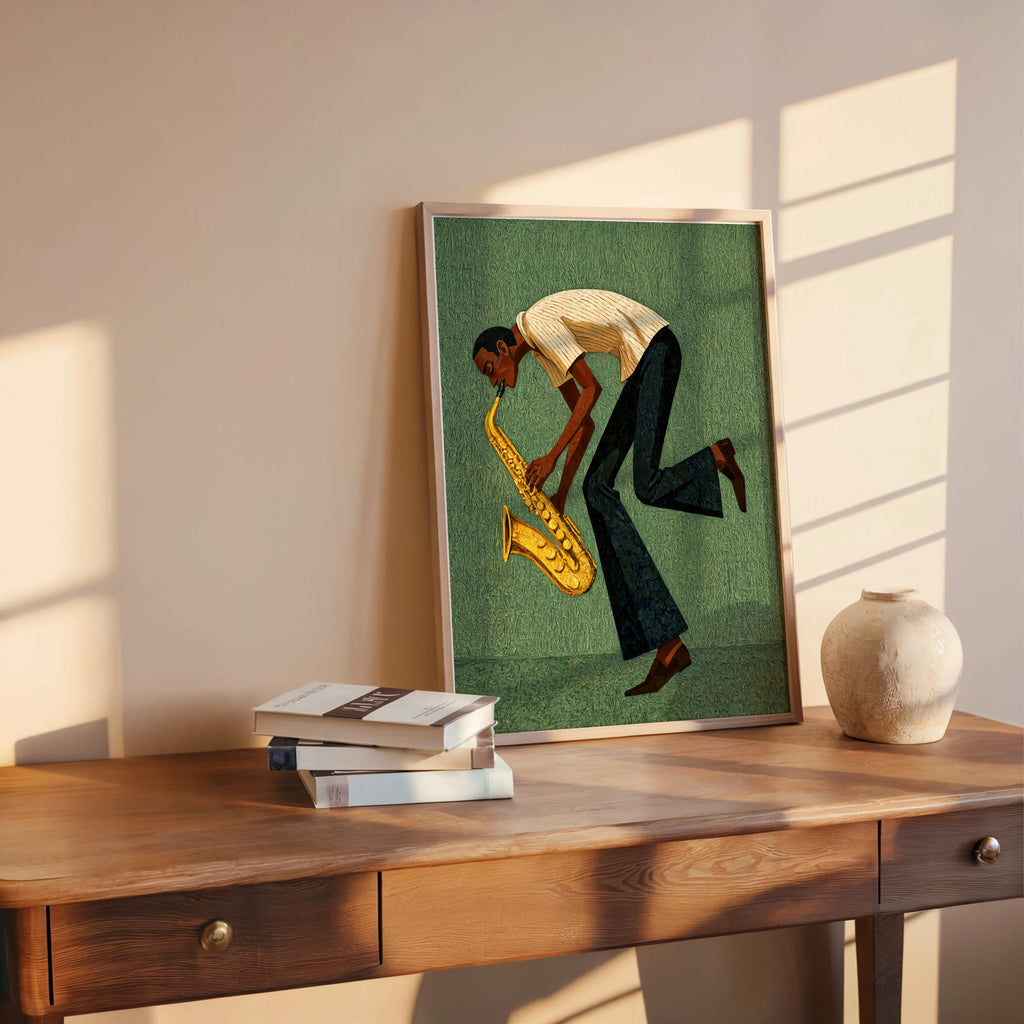 Green mid century saxophone wall art propped on wooden desk, jazz saxophonist print leaning into a spirited solo