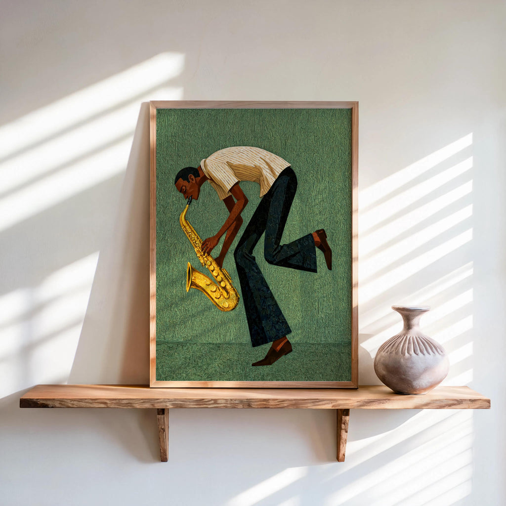 Wooden shelf display, green mid century saxophone wall art, stylized jazz saxophonist leaning into a solo