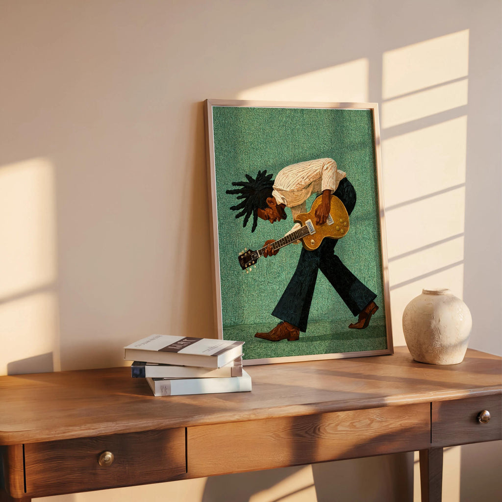 Green print leaning on table, textured Afro-inspired hair visible, retro music poster vibe, Black musician wall art