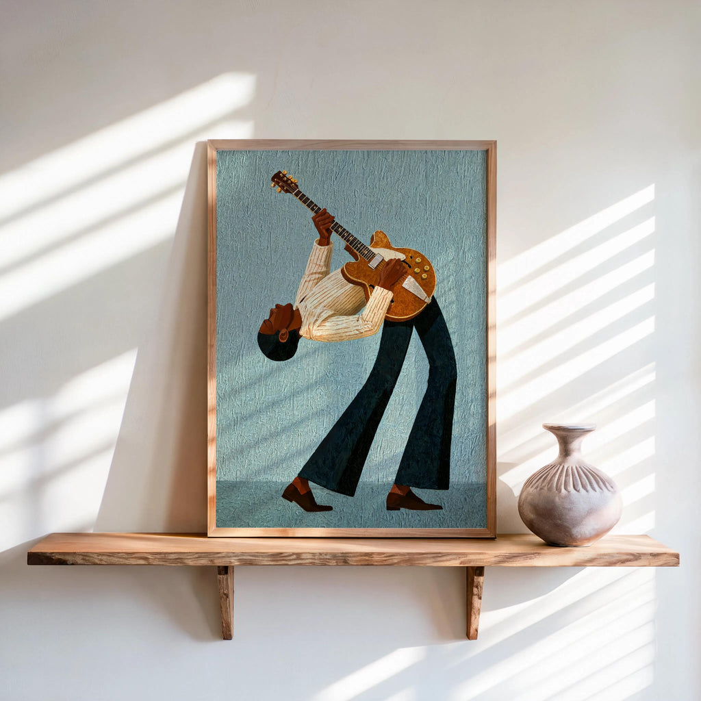 Retro Blues Music Poster, Jazz Guitarist Art Print, Afrocentric Musician Wall Decor Set, Eclectic African American Art, Black Culture Guitar