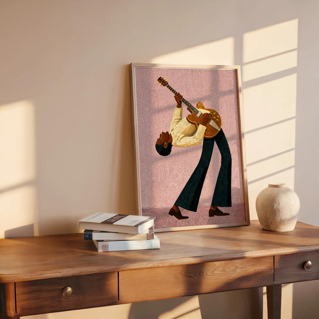 Retro Blues Music Poster, Jazz Guitarist Art Print, Afrocentric Musician Wall Decor Set, Eclectic African American Art, Black Culture Guitar