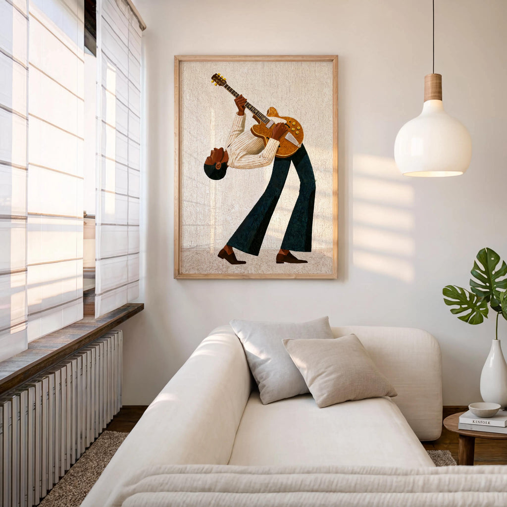Retro Blues Music Poster, Jazz Guitarist Art Print, Afrocentric Musician Wall Decor Set, Eclectic African American Art, Black Culture Guitar