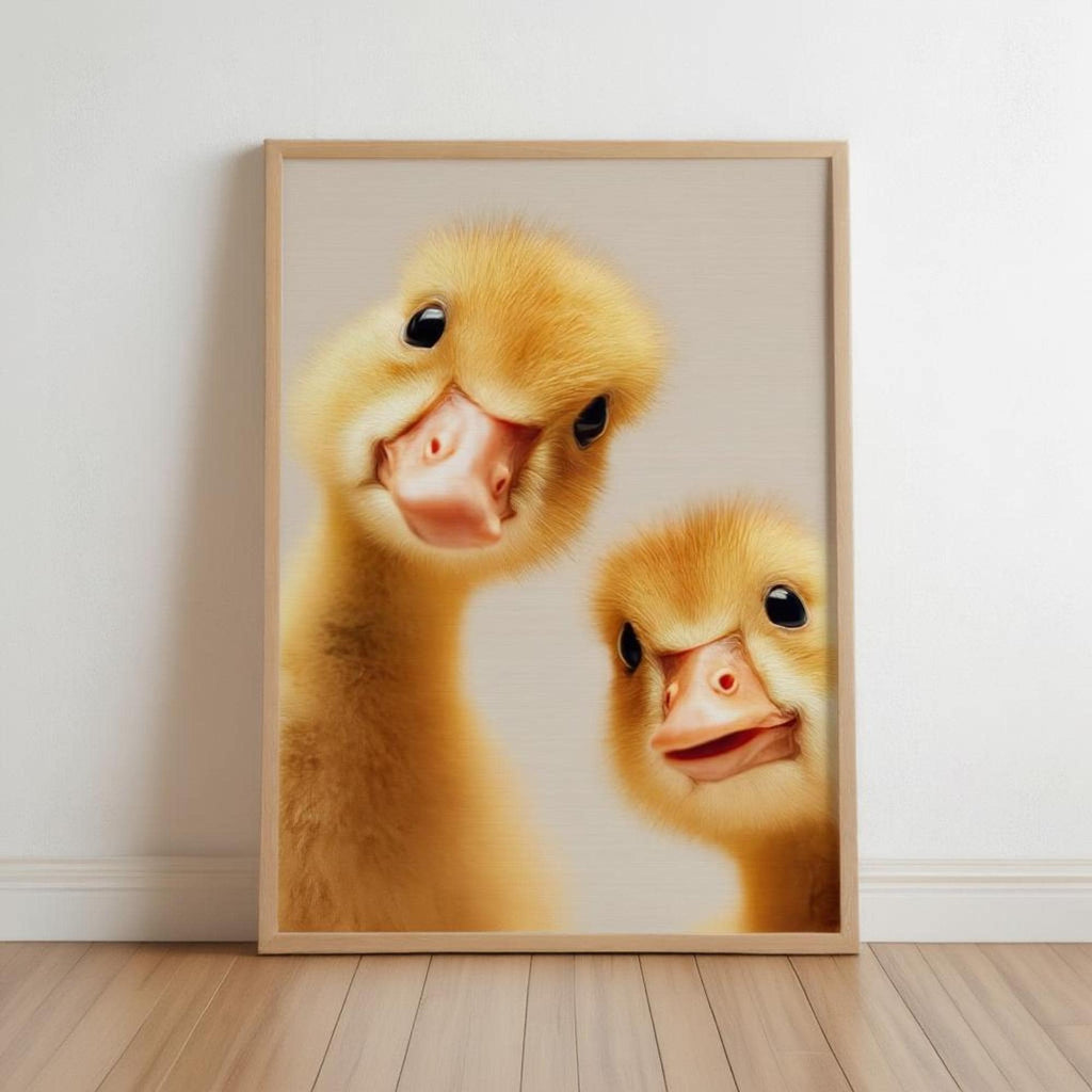 Framed wooden print leaning on floor, two peeking goslings, warm yellow tones, baby goose nursery wall art