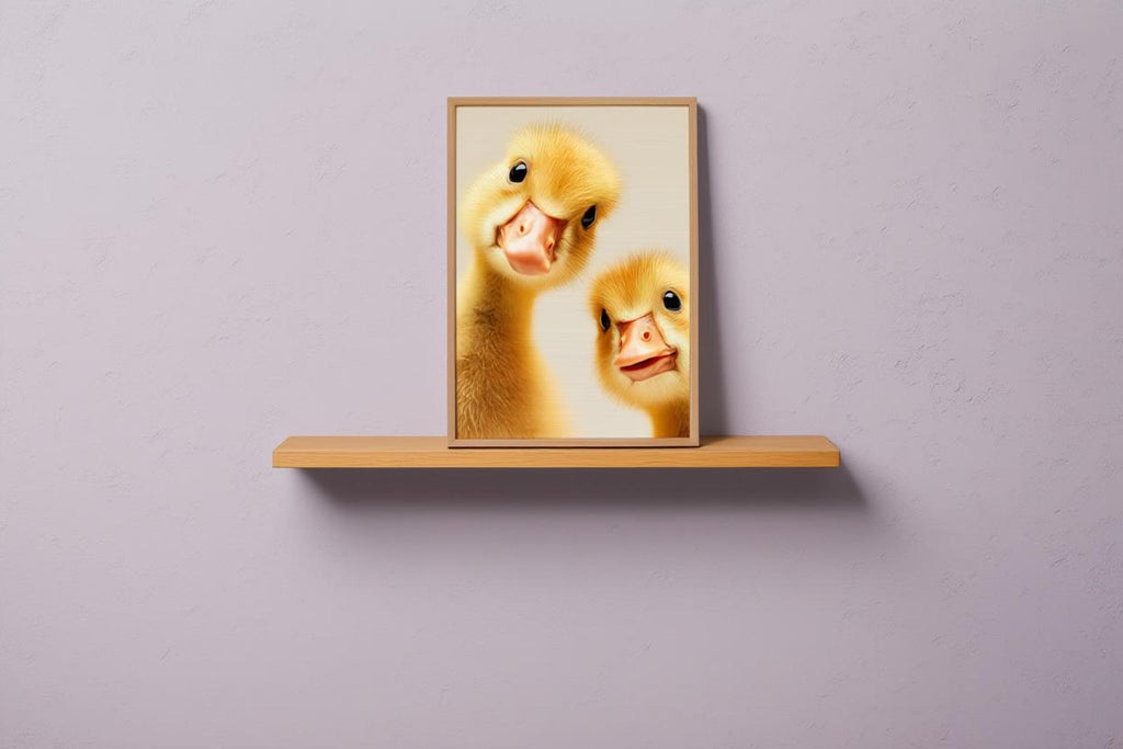 Small framed print on a floating shelf, pastel lavender wall, cute baby goose print for nursery
