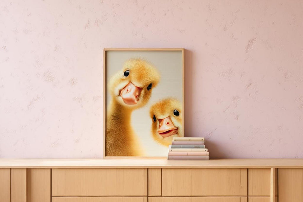 Framed print atop low cabinet with stacked books, soft peach wall, gosling nursery print mockup