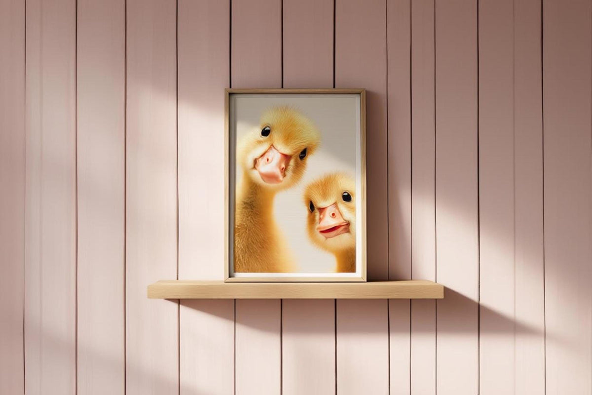 Framed art on thin shelf against vertical wood paneling, golden light, yellow duck nursery print style