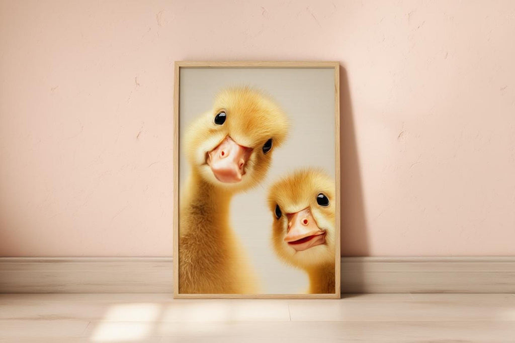 Leaned frame on baseboard, pale pink wall and floor light, adorable baby goose nursery wall art