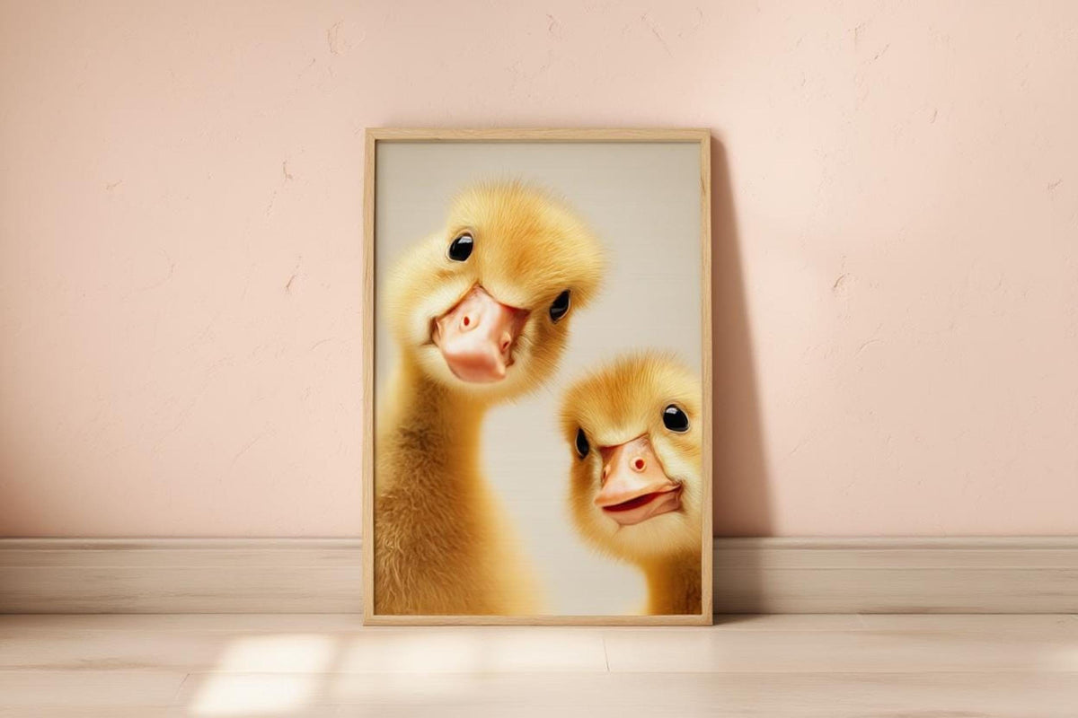 Leaned frame on baseboard, pale pink wall and floor light, adorable baby goose nursery wall art
