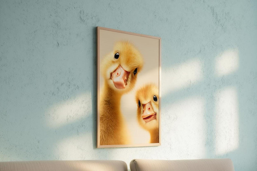 Hanging frame on textured blue wall with window shadows, peeking goslings, gosling nursery print