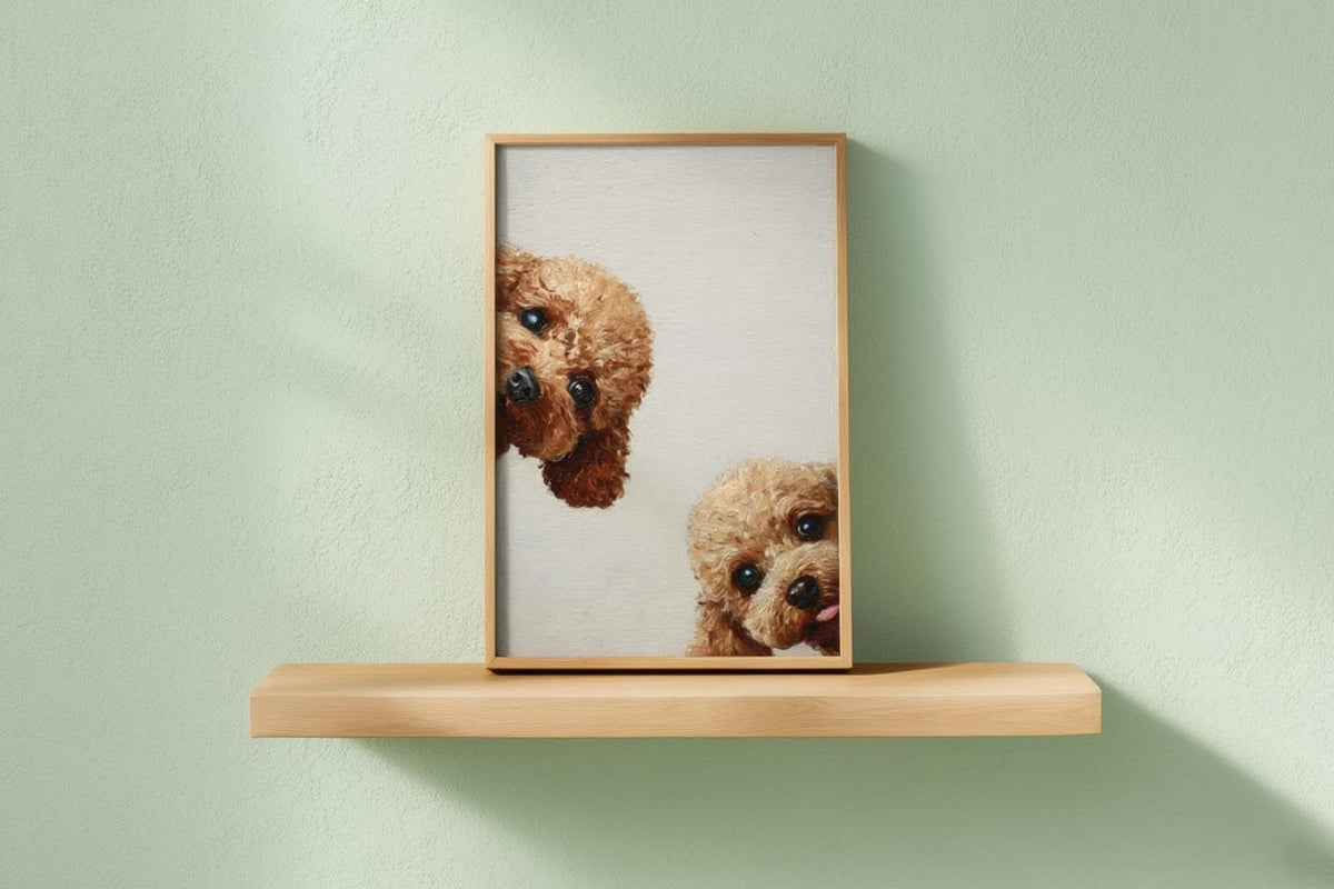 Mint wall and slim shelf holding framed goldendoodle wall art printable, apricot poodle style puppy portrait