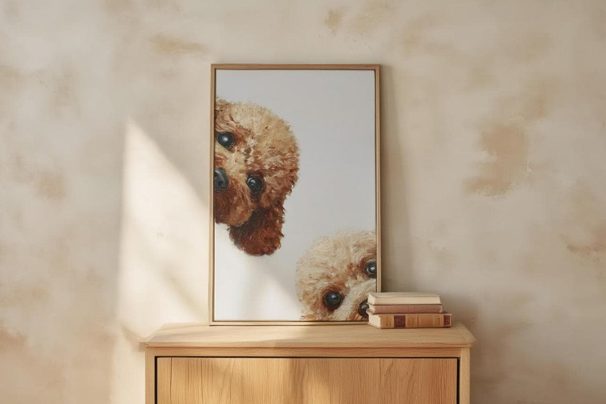 Sunlit neutral room, framed goldendoodle wall art printable on dresser, visible textured brush strokes enhance charm