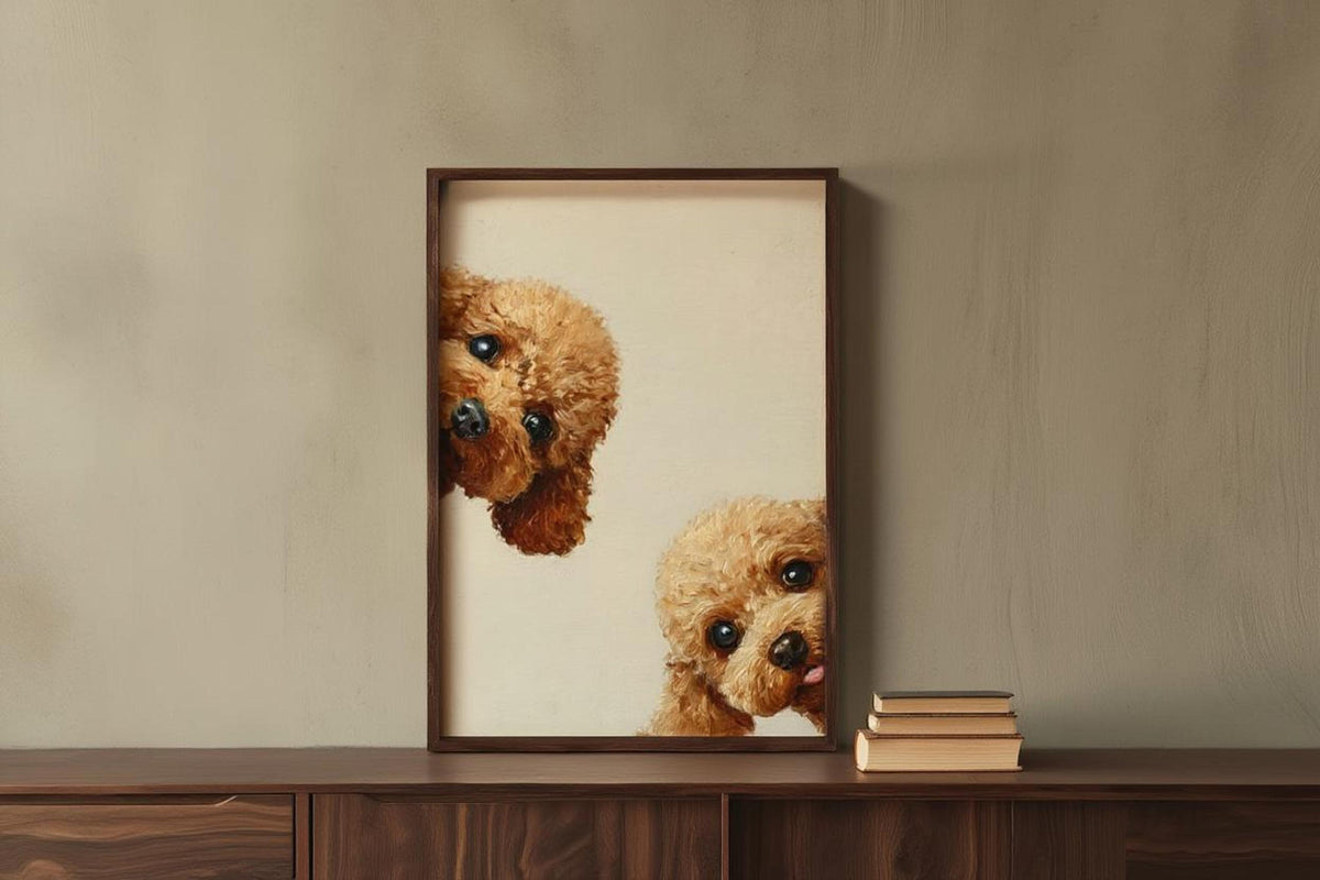 Muted khaki wall, framed goldendoodle wall art printable sits beside books, sweet doodle dog wall decor idea