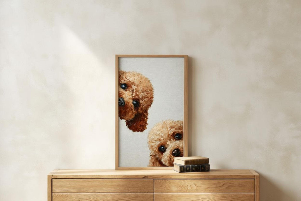 Textured cream wall above dresser, framed goldendoodle wall art printable for cozy modern nursery or living room