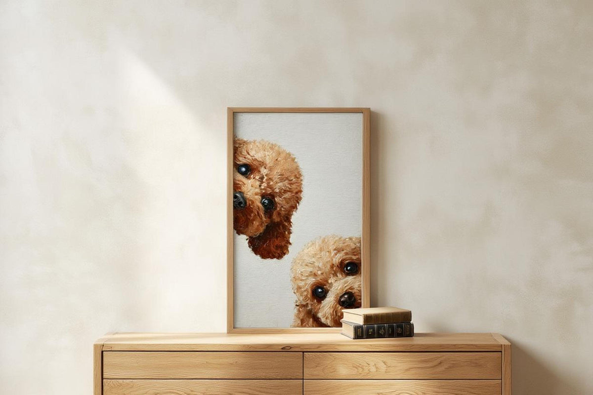 Textured cream wall above dresser, framed goldendoodle wall art printable for cozy modern nursery or living room