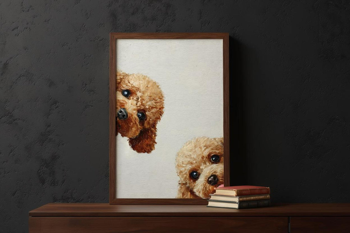Charcoal backdrop and low table, framed goldendoodle wall art printable with stacked books, moody gallery look