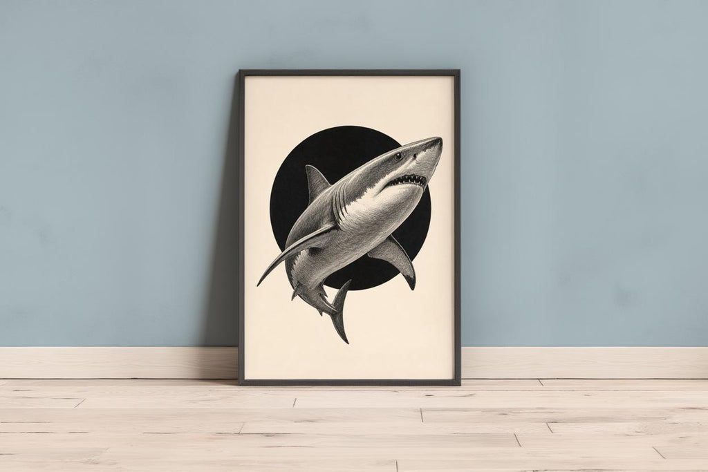 White Shark Wall Art, Vintage Marine Illustration Print, Black Circle Ocean Poster, Coastal Wildlife Decor