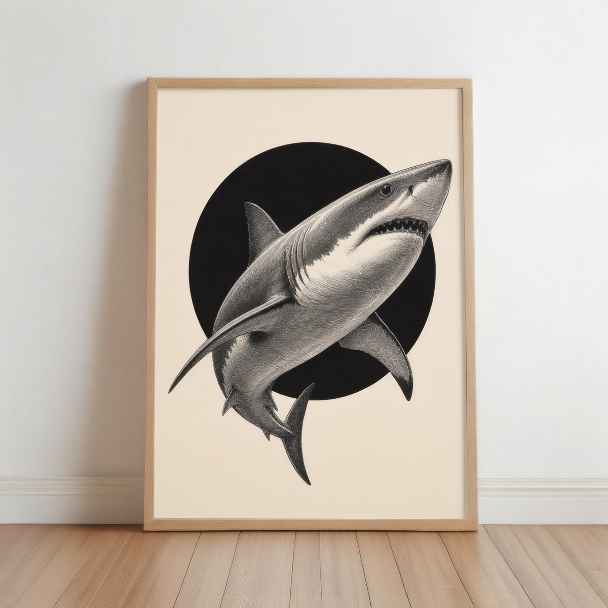 White Shark Wall Art, Vintage Marine Illustration Print, Black Circle Ocean Poster, Coastal Wildlife Decor